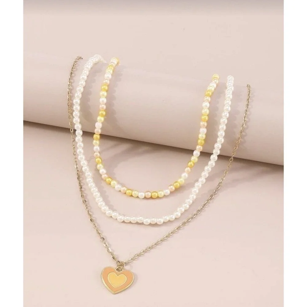 Beaded Layered Necklace Orange Heart Choker Fashion Jewelry Dainty Boho Hippie
